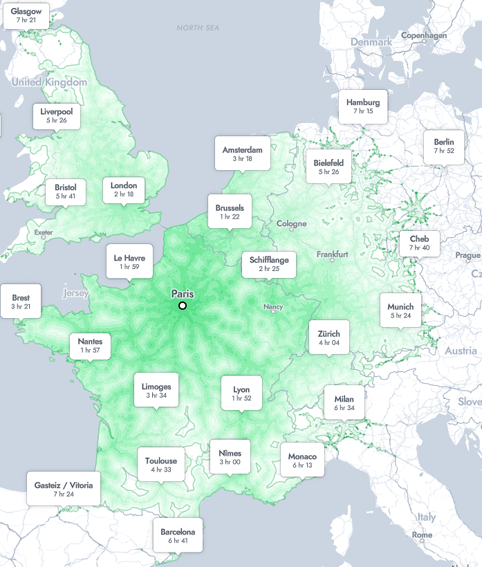 A map describing how far one can travel by train from Paris